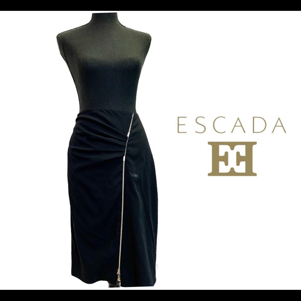 ESCADA Black virgin wool ruched asymmetrical zipper skirt size 40